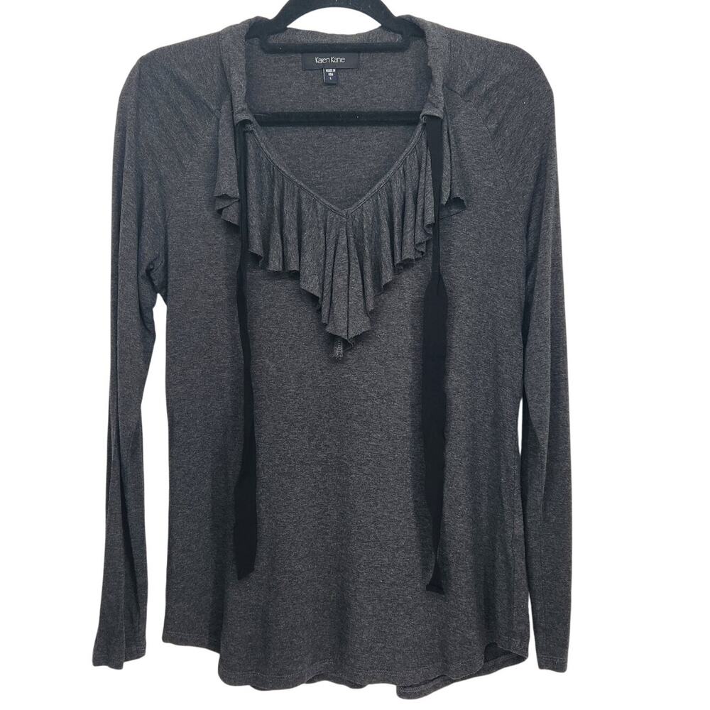 Karen Kane Heathered Black Ruffled V-neck Long Sleeve Blouse Women's L